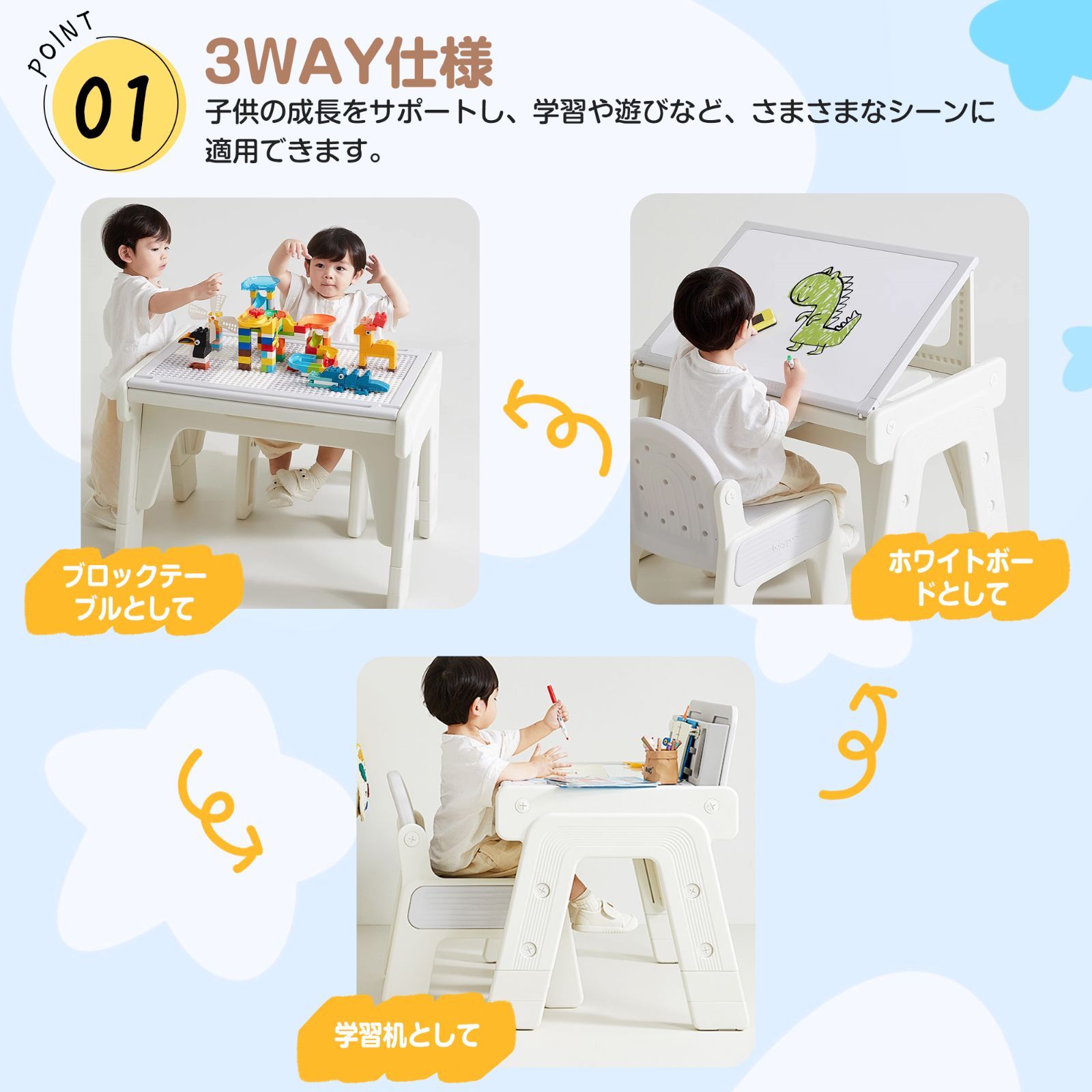 キッズデスク＆チェアセット｜4way多機能｜高さ＆天板角度調整 ｜ホワイトボード付き｜省スペース｜学習机｜2歳～3歳向け｜誕生日プレゼント｜N511P297678A