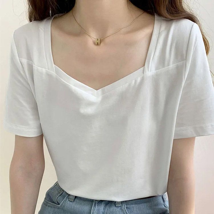 スクエアネック 半袖 Tシャツ vネック トップス レディース