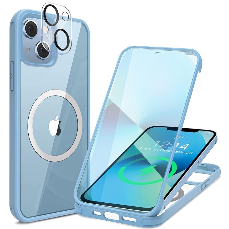 【両面強化ガラス・驚異的な耐衝撃性】HAUTRKBG iPhone 14 Plus 用 ケース クリア 全面保護 [MagSafe対応] [カメラフイルムを贈] 信号干渉なし ソフトTPUバンパー マグセーフ ワイヤレス充電対応 米軍M