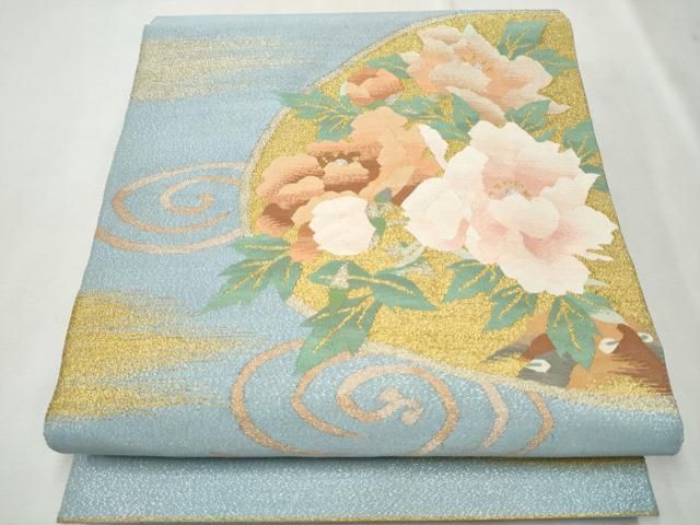 平和屋着物●爪掻き本綴れ　太鼓柄袋帯　流水草花文　金銀糸　正絹　逸品　CAAT8355hy 平和屋着物○爪掻き本綴れ 太鼓柄袋帯 流水草花文 金銀糸 正絹 逸品