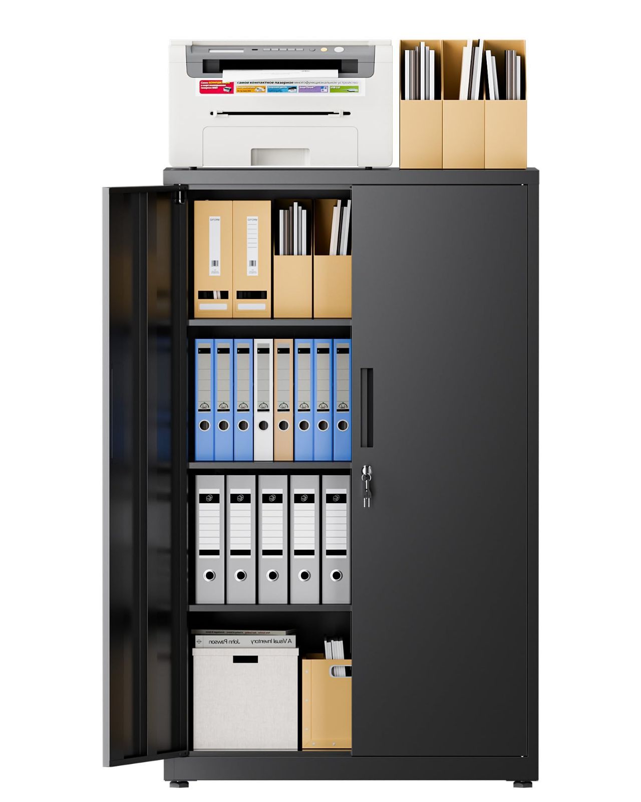 幅80×奥行40×高さ131.5cm 組み立て必要 パントリー キャビネット収納 両開き 可動棚 ブラック 鍵付き書庫 4段 スチールキャビネット LAND VOI