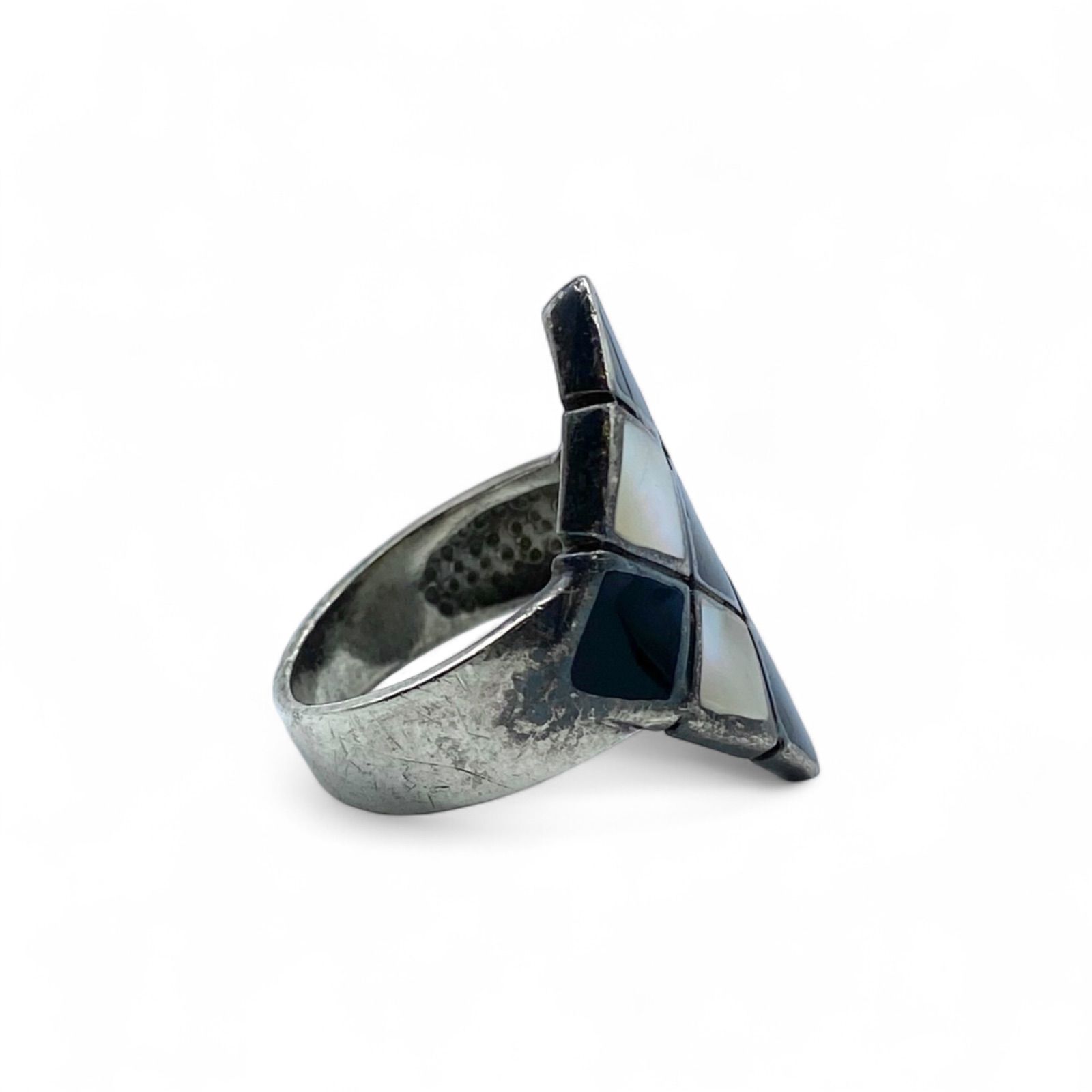 モザイクアート】 白蝶貝×黒石 Silver 925 刻印 00s Vintage Ring 