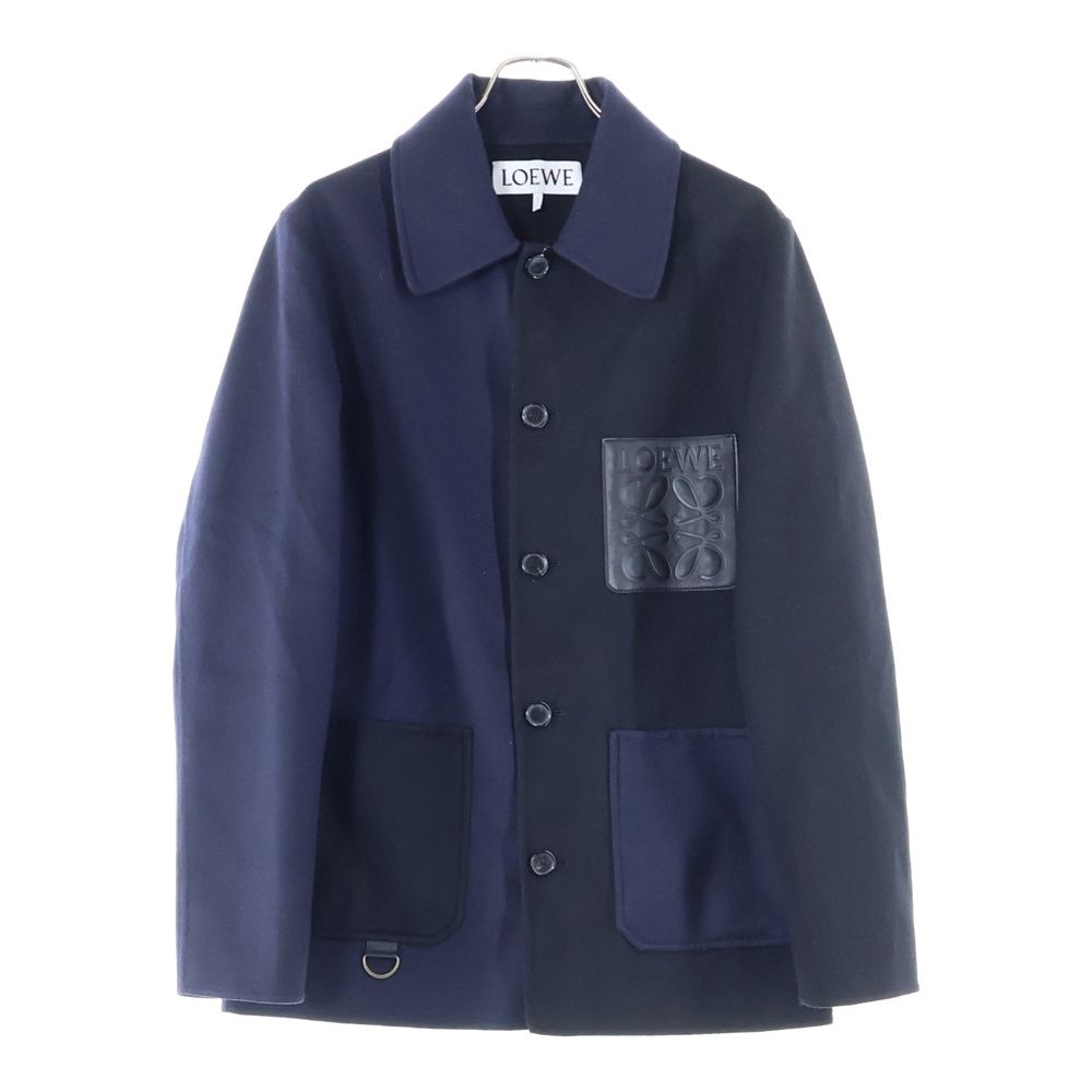 LOEWE ロエベ バイカラー レザーロゴパッチ カシミヤ混 コート ネイビー|ブラック H526Y02W11