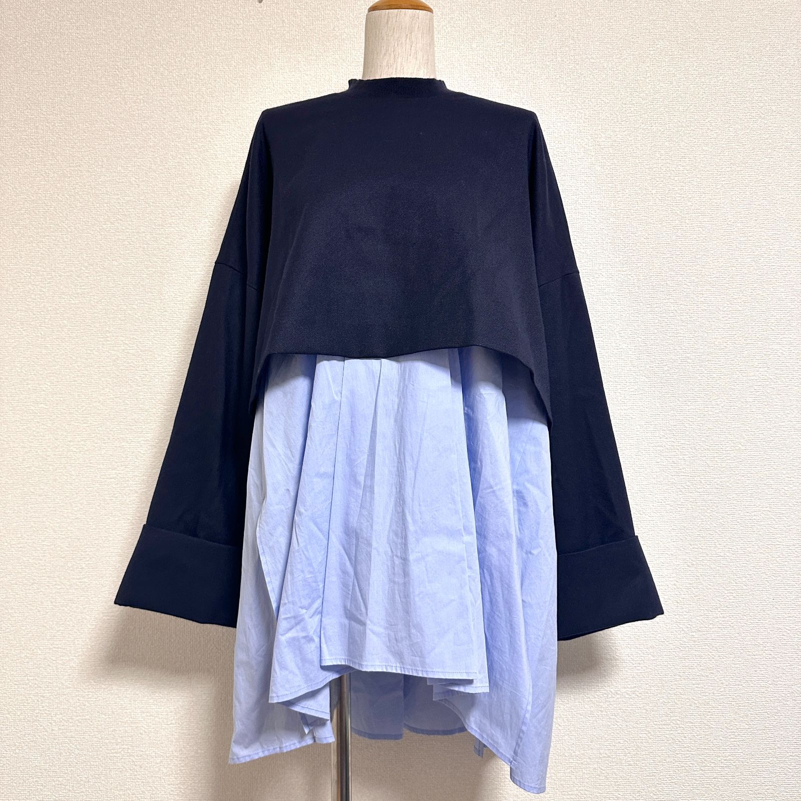 ENFOLD 22AW LAYERED PULLOVER レイヤードプルオーバー クロップド丈ウールカットソー×シャツレイヤード風 オーバーサイズ 前後差丈 チュニック ロールアップ風ワイドスリーブ ネイビー