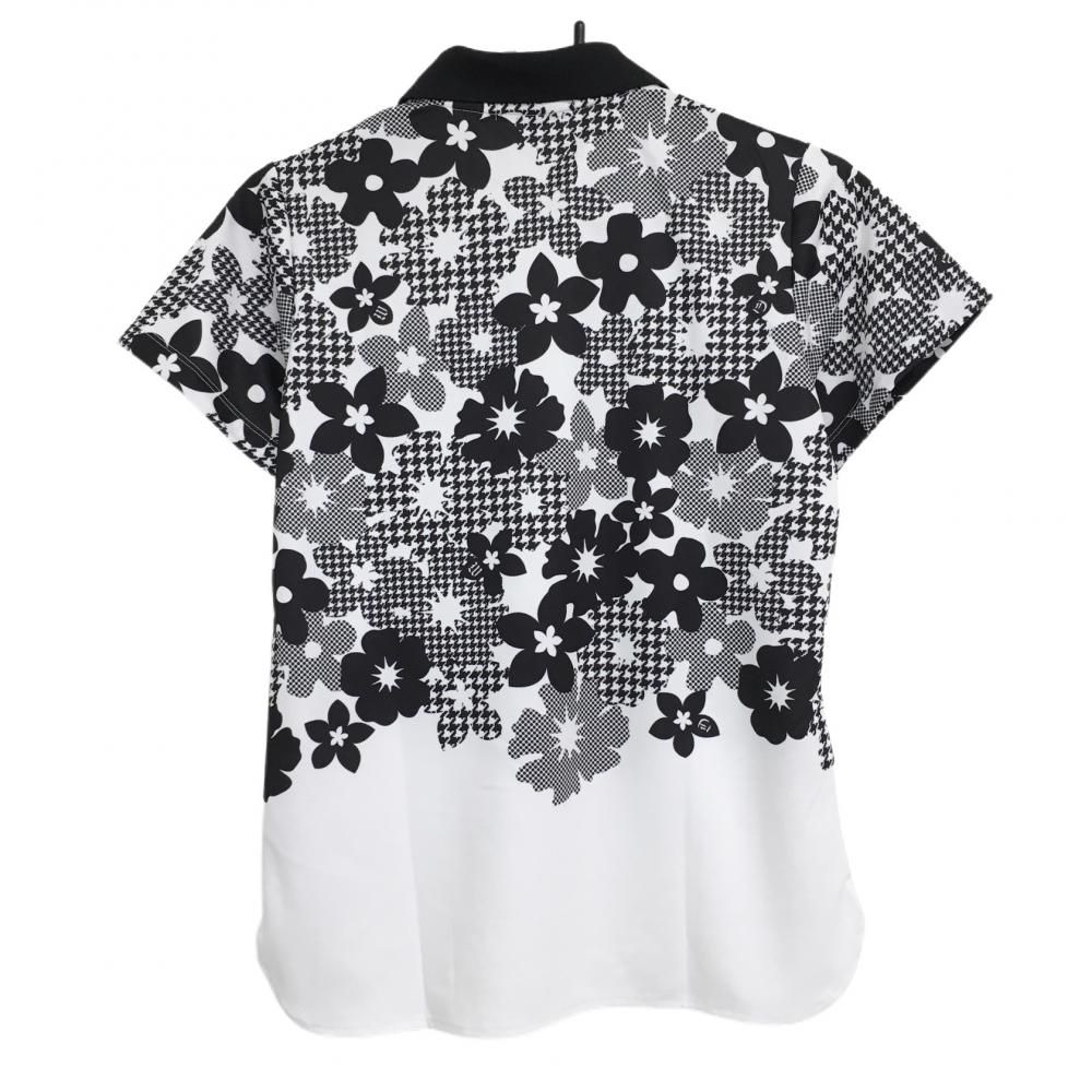【超美品】ダンスウィズドラゴン 半袖ポロシャツ 白×黒 花柄 ハーフジップ レディース 3(L) ゴルフウェア Dance With Dragon