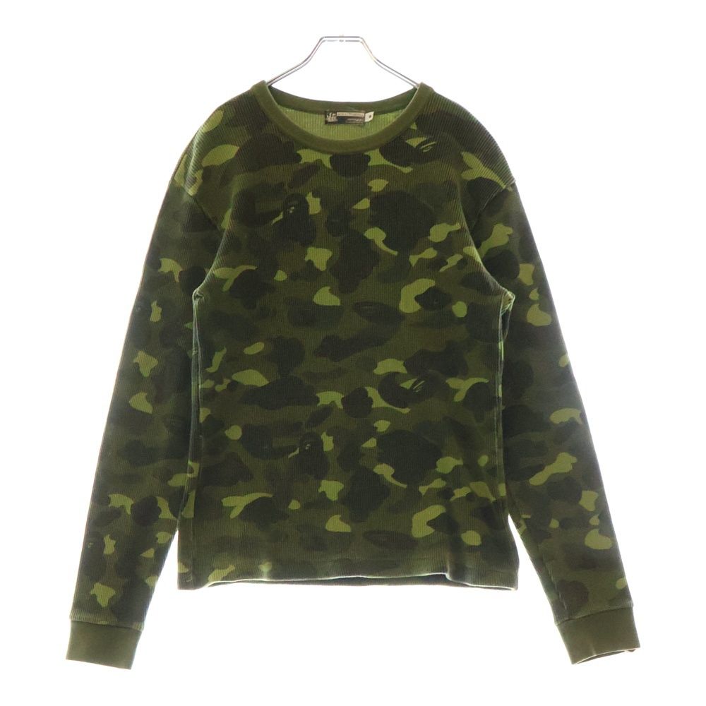 A BATHING APE アベイシングエイプ ジェネラル期 カモ柄 ワッフル クルーネック 長袖Tシャツ カットソー グリーン