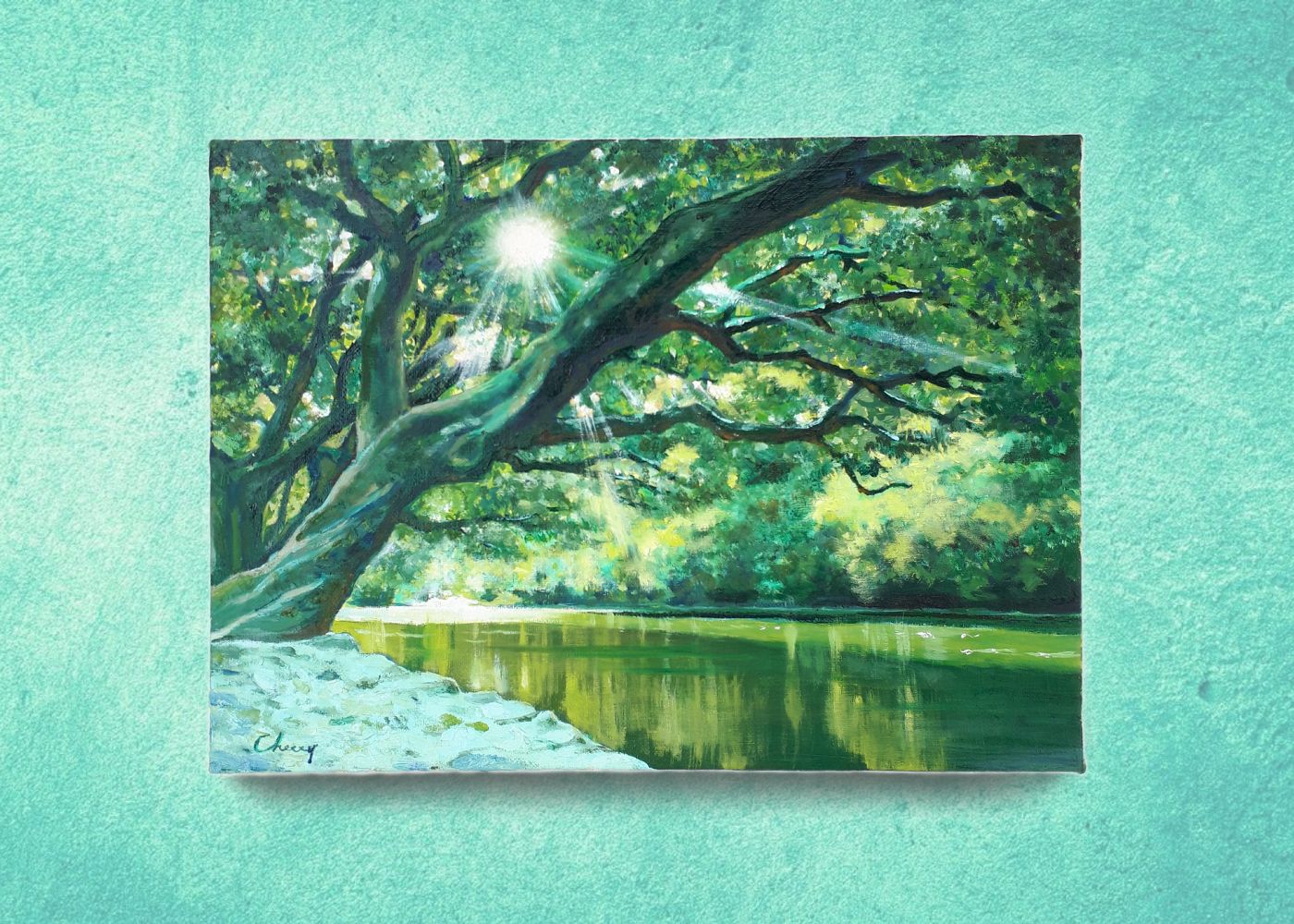 一点物】『 緑の清涼 』油絵 F4号 油彩 油画 アウトレット 絵画