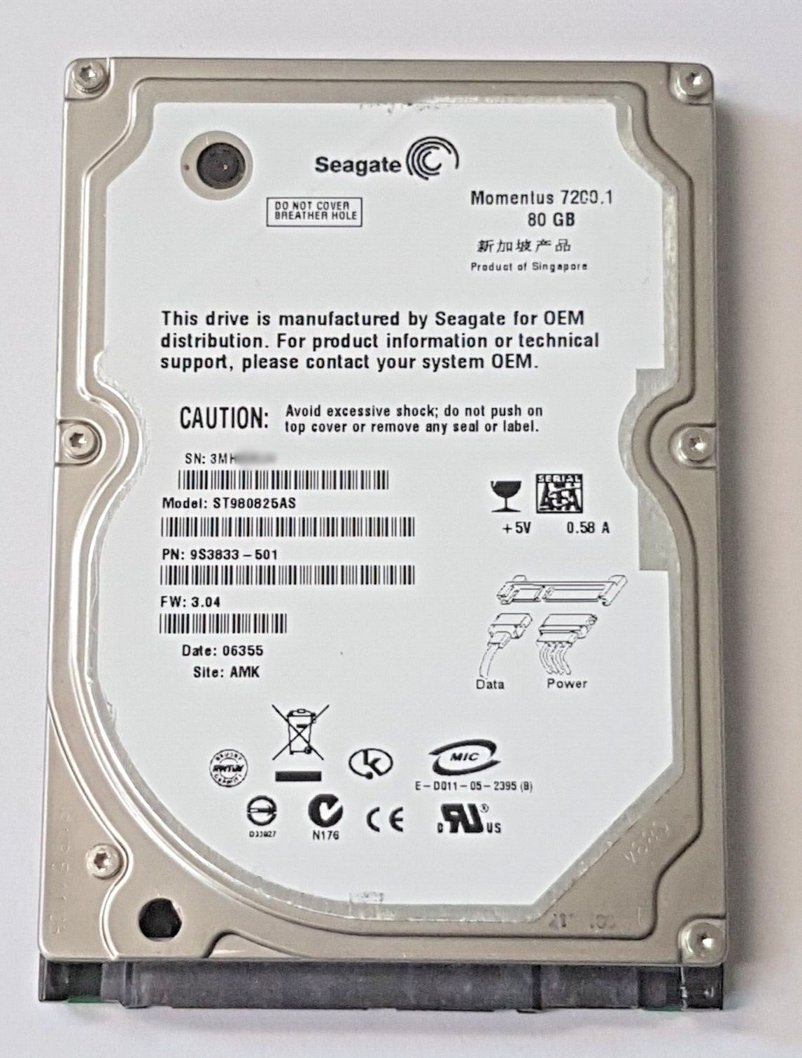 80 GB SATA Seagate Moment 7200.1 ST980825AS 8MB HDD 2.5