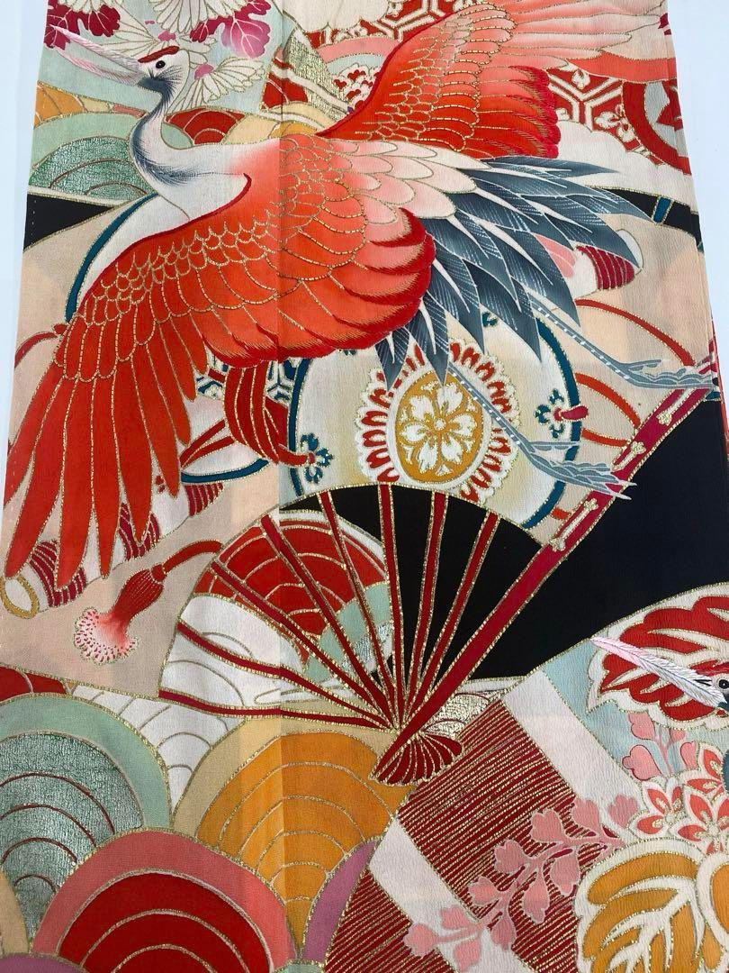 アンティーク 振袖 金駒 金彩 銀彩 刺繍 鶴 正絹 身丈167cm 紋付