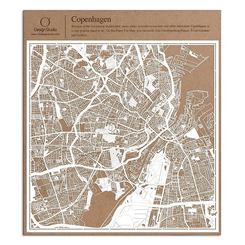 コペンハーゲン切り絵地図、白、30x30センチ、オリジナルデザインペーパーアート、アイデアギフト