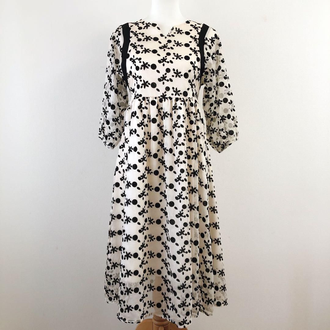 極美品】YOYOUKE ロングワンピース 花柄 ドット 昭和レトロ ホワイトS
