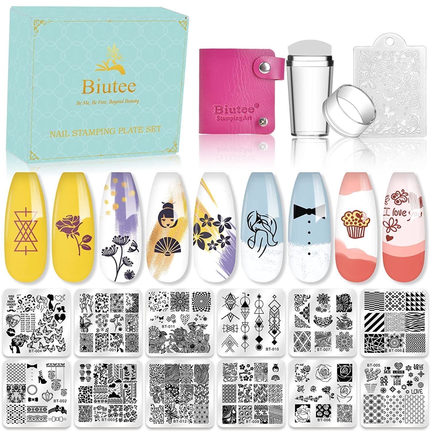 Biutee ネイルイメージプレートセット 12枚ネイルプレート 1スタンプ １スクレーパー 1カードバッグ ネイルステンシル ネイルプレート ネイルアートツール スタンピングイメージプレート