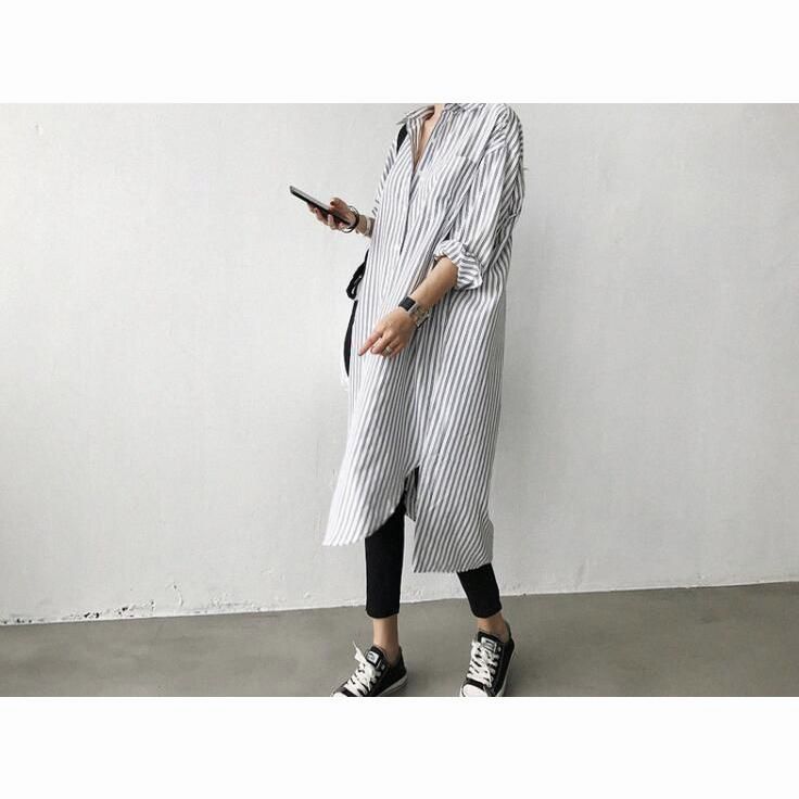 シャツワンピース ロングシャツ ワンピース ミディアム丈 長袖 シャツ レディース スリット入り チュニック ストライプ シャツワンピ 春夏 新品 シャツワンピース ロングシャツ ワンピース ミディアム丈