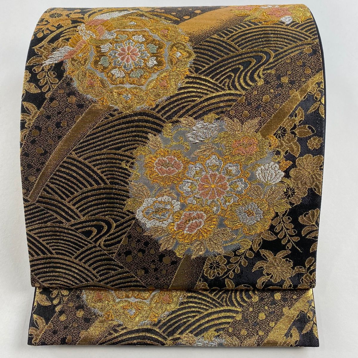 袋帯 美品 秀品 華文 鳳凰 金銀糸 箔 黒 六通 正絹 【中古