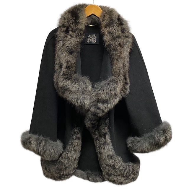 伊太利屋 ファー コート カシミヤ混 ポンチョ風 レオパード 黒 ボリューム 伊太利屋ボリュームファーコート 伊太利屋 ファー コート カシミヤ混