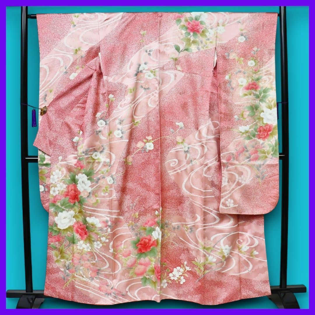 三日月とうさぎ a0708 正絹 振袖 観世水に優美な花模様 薪のり散らし 金彩加工 金通し地