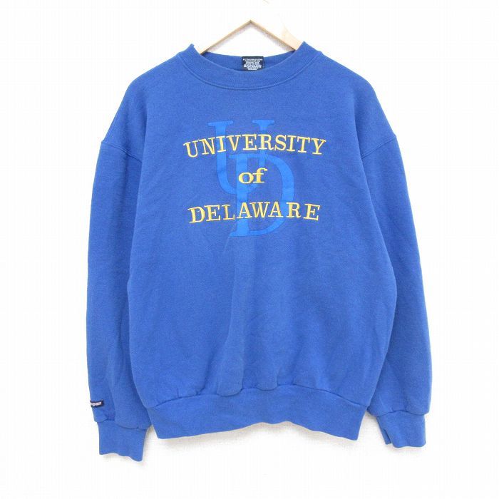L/古着 ジャンスポーツ 長袖 スウェット メンズ 90s デラウェア 大学 刺繍 クルーネック 青 ブルー 24dec02 中古 スエット トレーナー トッ