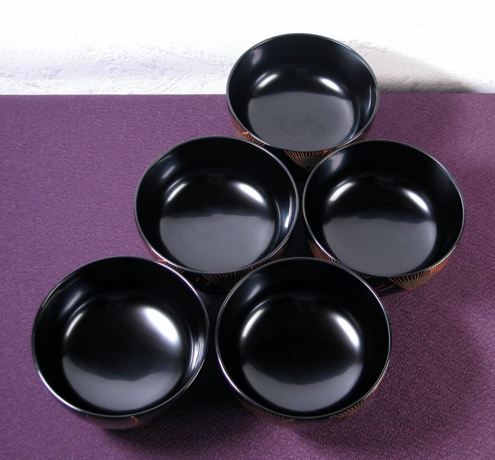 輪島塗 景芳作 扇・松葉文吸物椀5客 木製 幅：11cm 共箱・共布