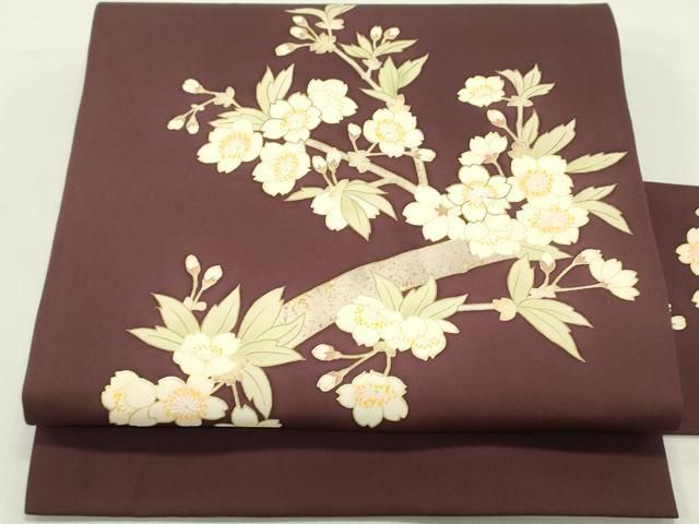 平和屋着物●塩瀬 九寸名古屋帯 駒刺繍 枝桜文 紫鳶色 金彩 高島屋扱い 正絹 DAAY0150ob