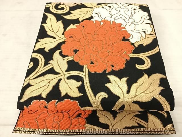 和装バック　新品未使用　西陣　お召生地　正絹　アラベスク模様　濃紺　藍色 平和屋着物◎西陣 服部織物謹製 六通柄袋帯 唐織 花唐草文 黒地