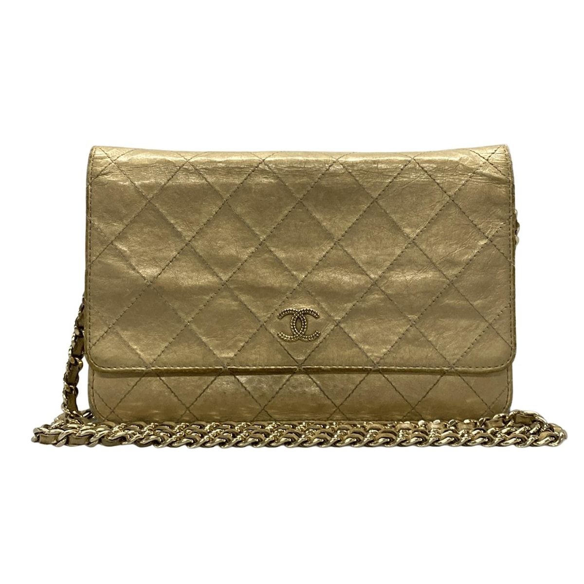 CHANEL シャネル 財布 マトラッセ ゴールド チェーンウォレット|ゴールド金具 レザー
