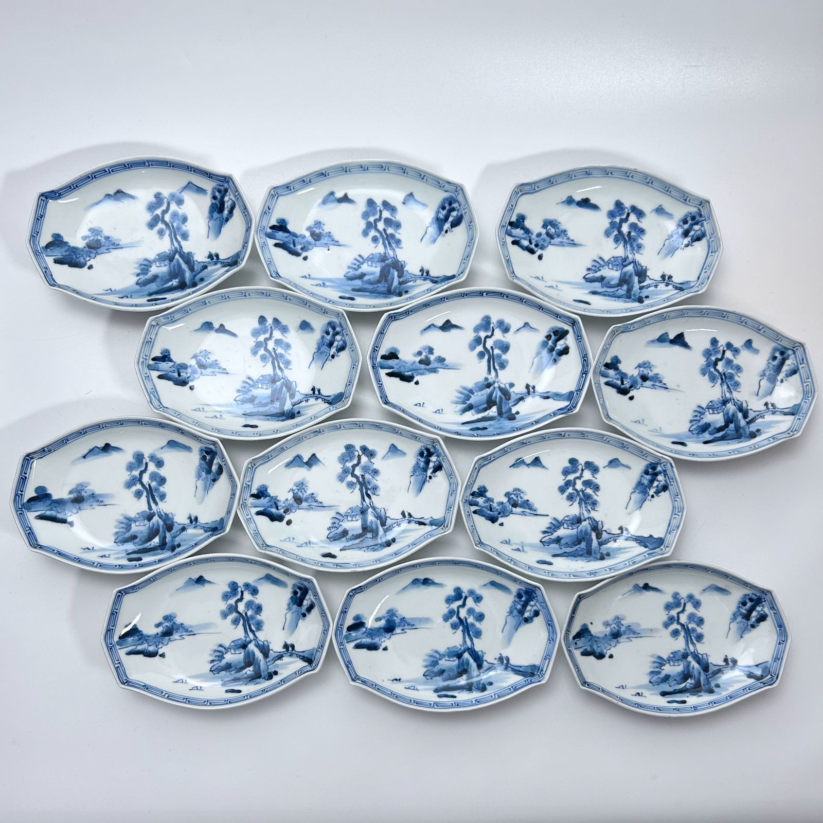 伊万里焼 二重角小皿12客 山水画 ビンテージ 福 KS-002