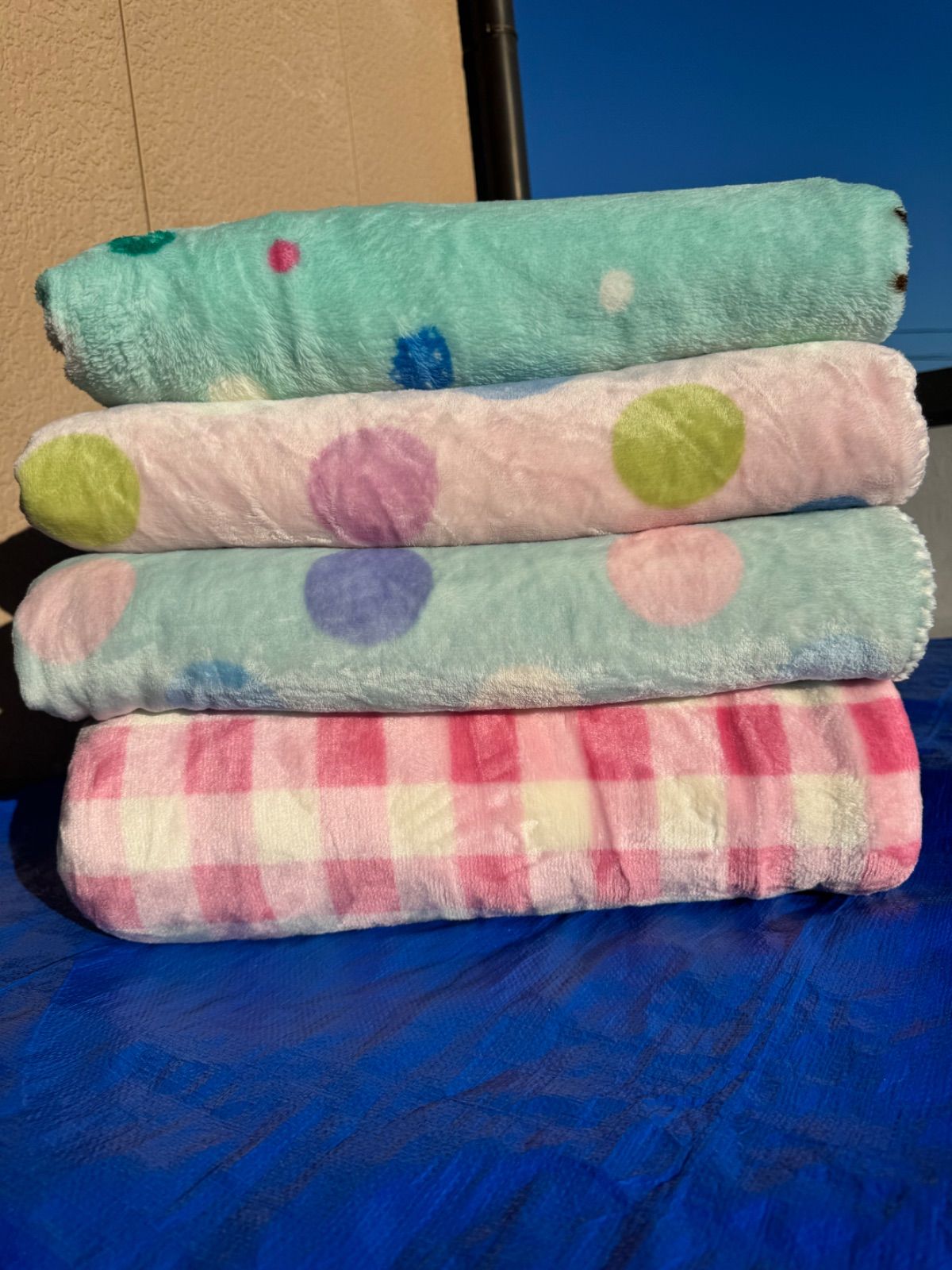 毛布　シングル　4枚セット　ドット　水玉　チェック　ピンク　ブルー ブランケット あたたかい