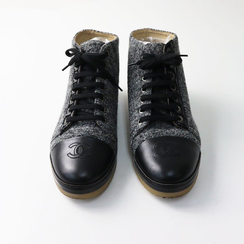 シャネル CHANEL G 30362 ココマーク刺繡入 レザー切替 ツイードレースアップシューズ 38 約24 cm グレー