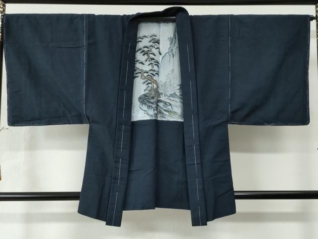 平和屋着物○男性 紬 アンサンブル 色無地 濃藍色 正絹 逸品 未使用