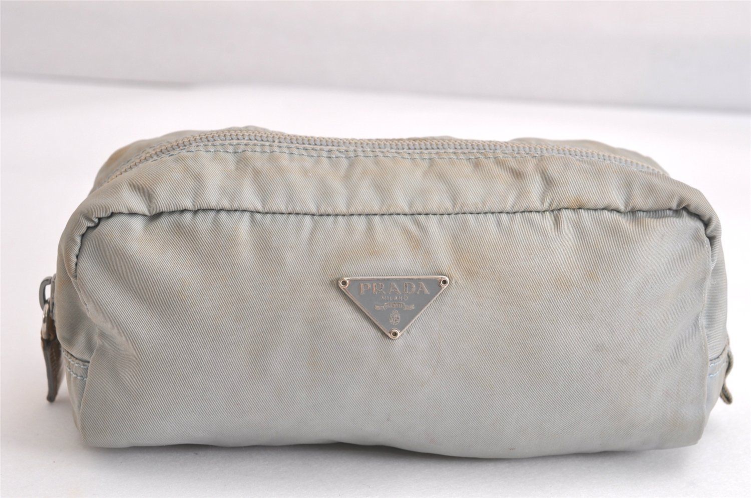 PRADA プラダ ヴィンテージ ナイロン レザー ポーチ 財布 グレー 2824N