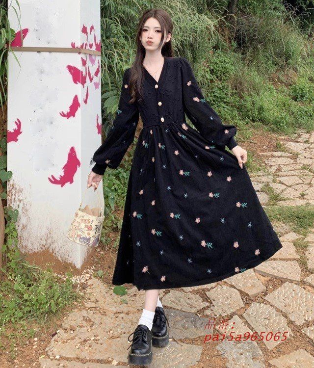 ロングワンピース 長袖 ワンピース レディース 長袖 ワンピース 秋 レディース Aラインワンピース フ ワンピース 花柄ワンピース 黒 ロングワンピース pai5a965065