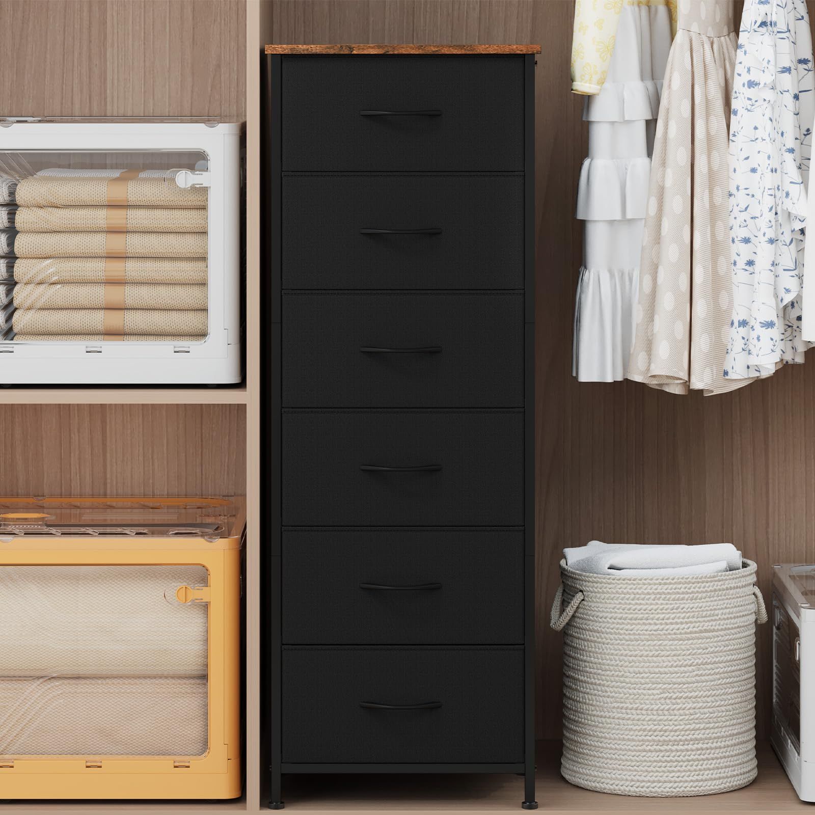 Somdot チェスト タンス 収納 棚 引き出し 洋服タンス 側面収納ポケット 幅42 奥行30 高さ115 布製 おしゃれ たんす 衣類収納 リビング 脱衣所 寝室 転倒防止 一人暮らし 6段 錆びた茶色の黒