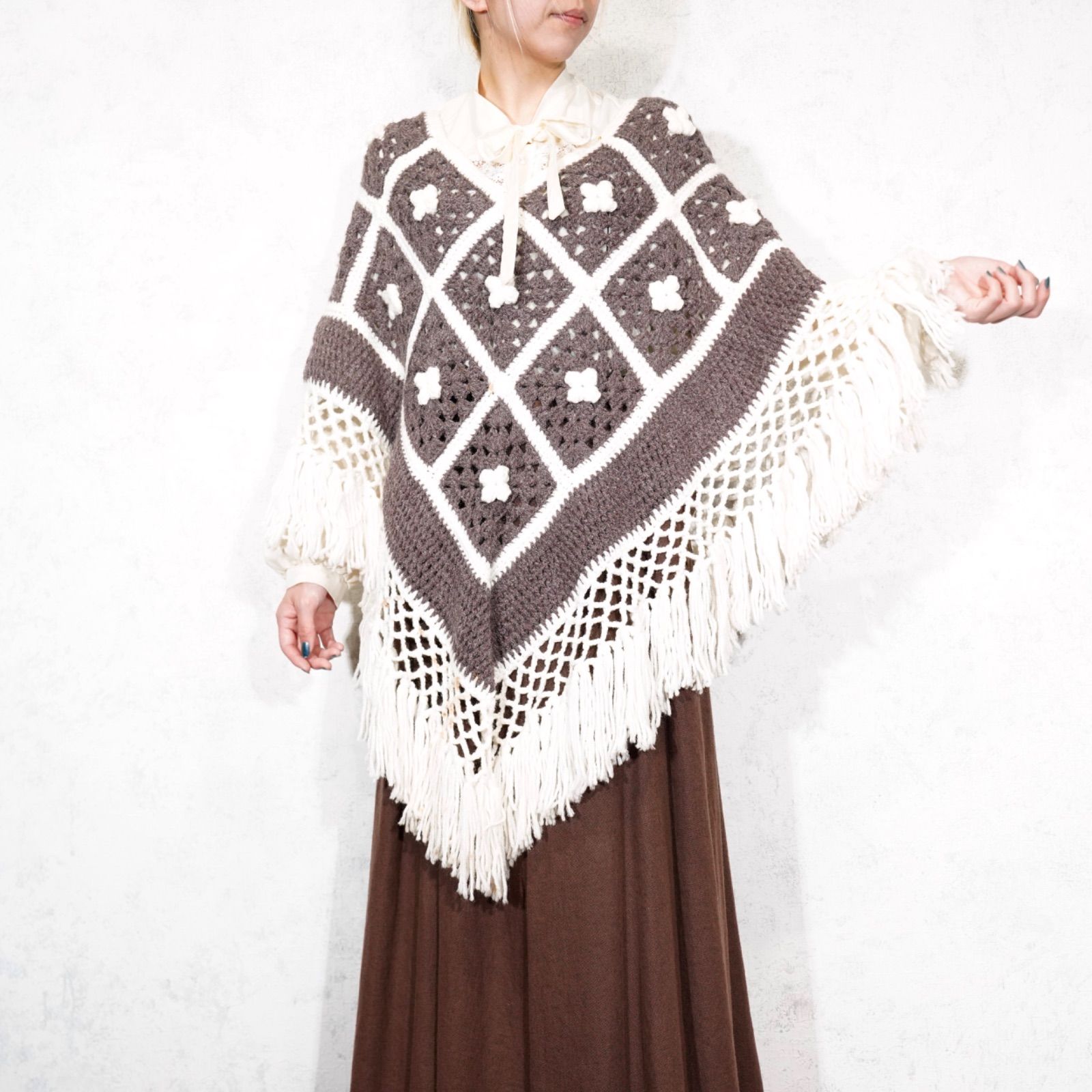 USA VINTAGE CROCHET DESIGN HAND CAPE KNIT|アメリカ古着鍵編みデザインハンドケープニット