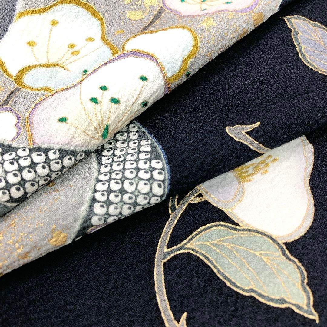 付下げ 椿と梅の花模様 金彩 印度藍 しつけ糸 トールサイズ K-4398
