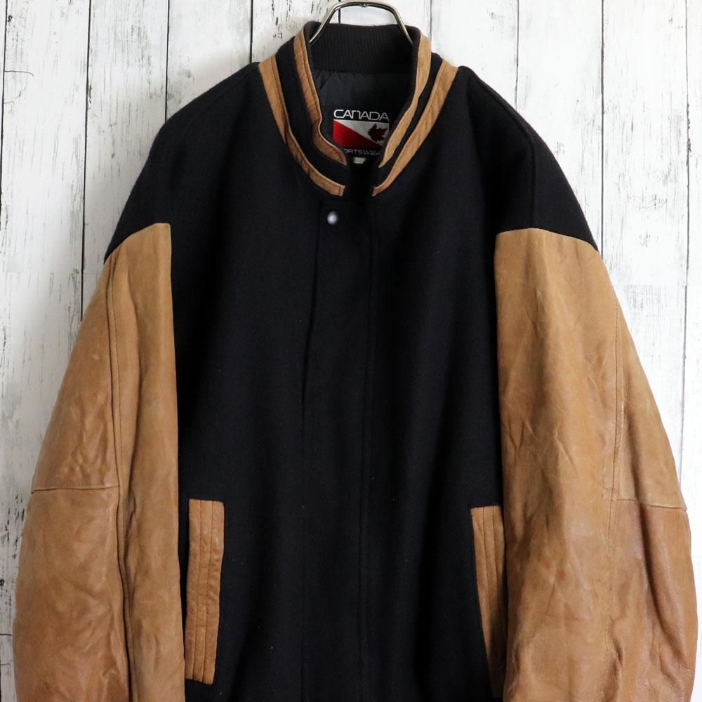 カナダ製 90年代  SPORTSWEAR 袖レザー スタジャン 古着 90年代 CANADA SPORTSWEAR CO. 袖革ウールスタジャン