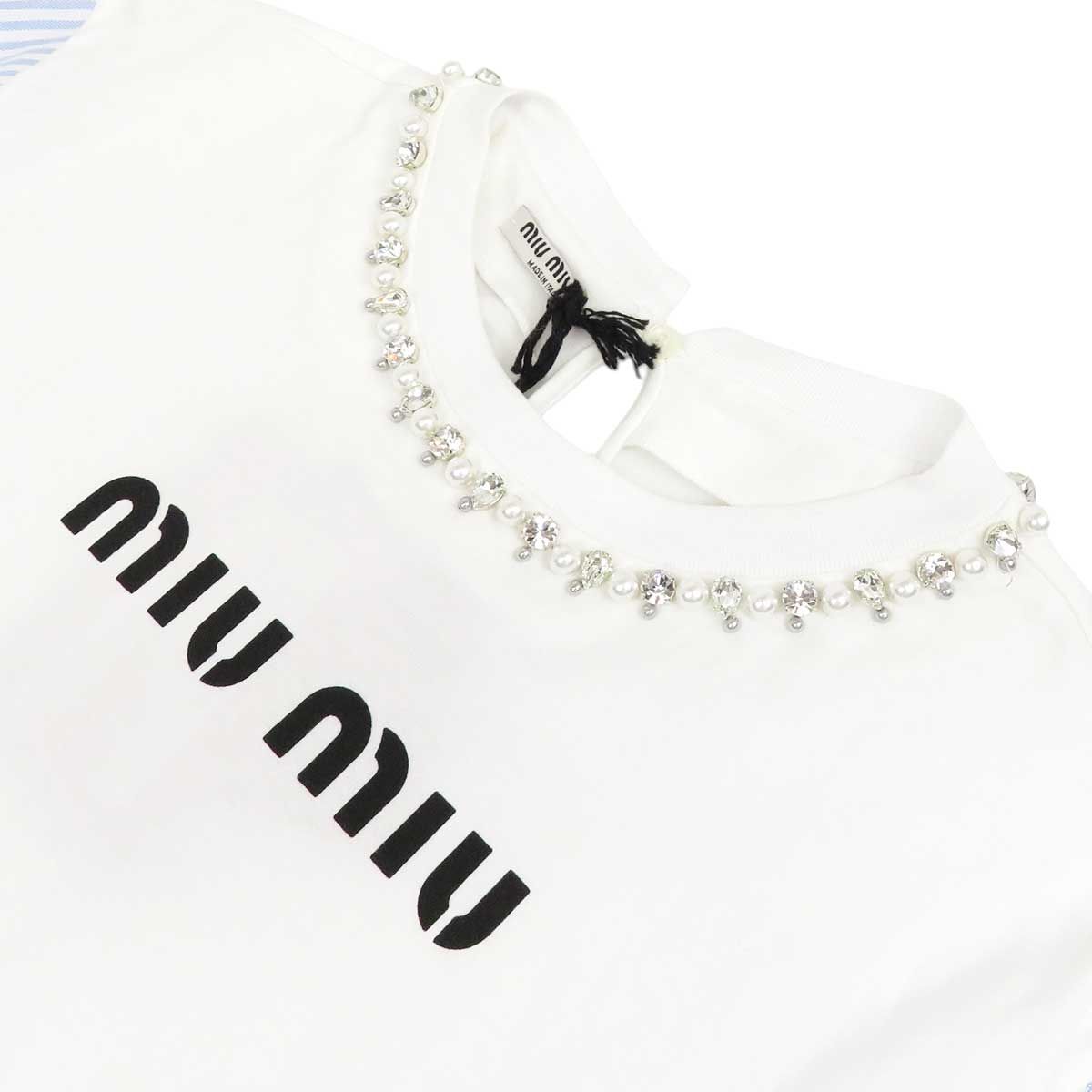 ミュウミュウ クリスタル クロップド 袖切替 Tシャツ レディース