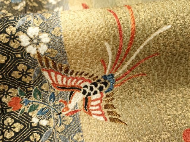 平和屋着物□上質な小紋 舞蝶花鳥文 暈し染め 金彩 正絹