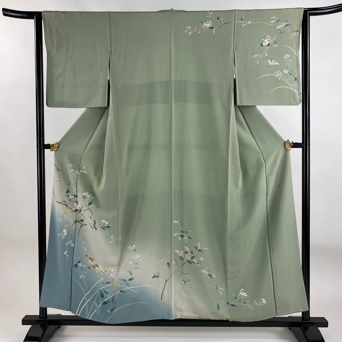訪問着 身丈154.5cm 裄丈63cm S 袷 落款 枝花 鳥 染め分け ぼかし 灰緑 正絹 秀品