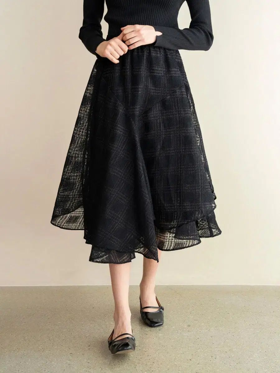 ブランド納品 ブラック CHECK フ レイヤード TIME ロング チュールスカート カジュアルチマチョゴリ
