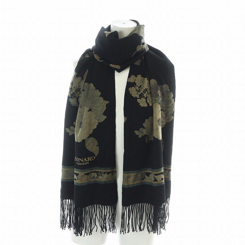 レオナール ストール カシミヤ シルク 黒 花柄 レオナール LEONARD ストール カシミヤ カシミア 花柄 黒