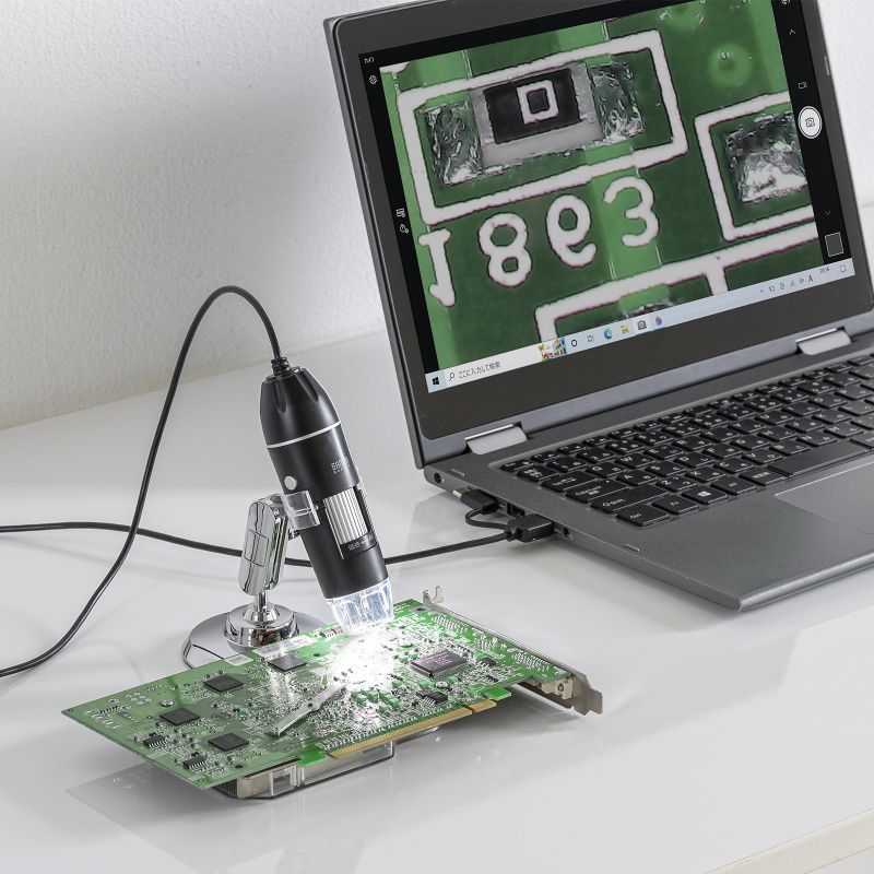 USB顕微鏡 200万画素 フルHD対応 サンワサプライ LPE-08BK 最大300倍まで拡大 プリント基板や印刷物の確認に STEAM教育や夏休みの自由研究に最適 専用スタンドを付属