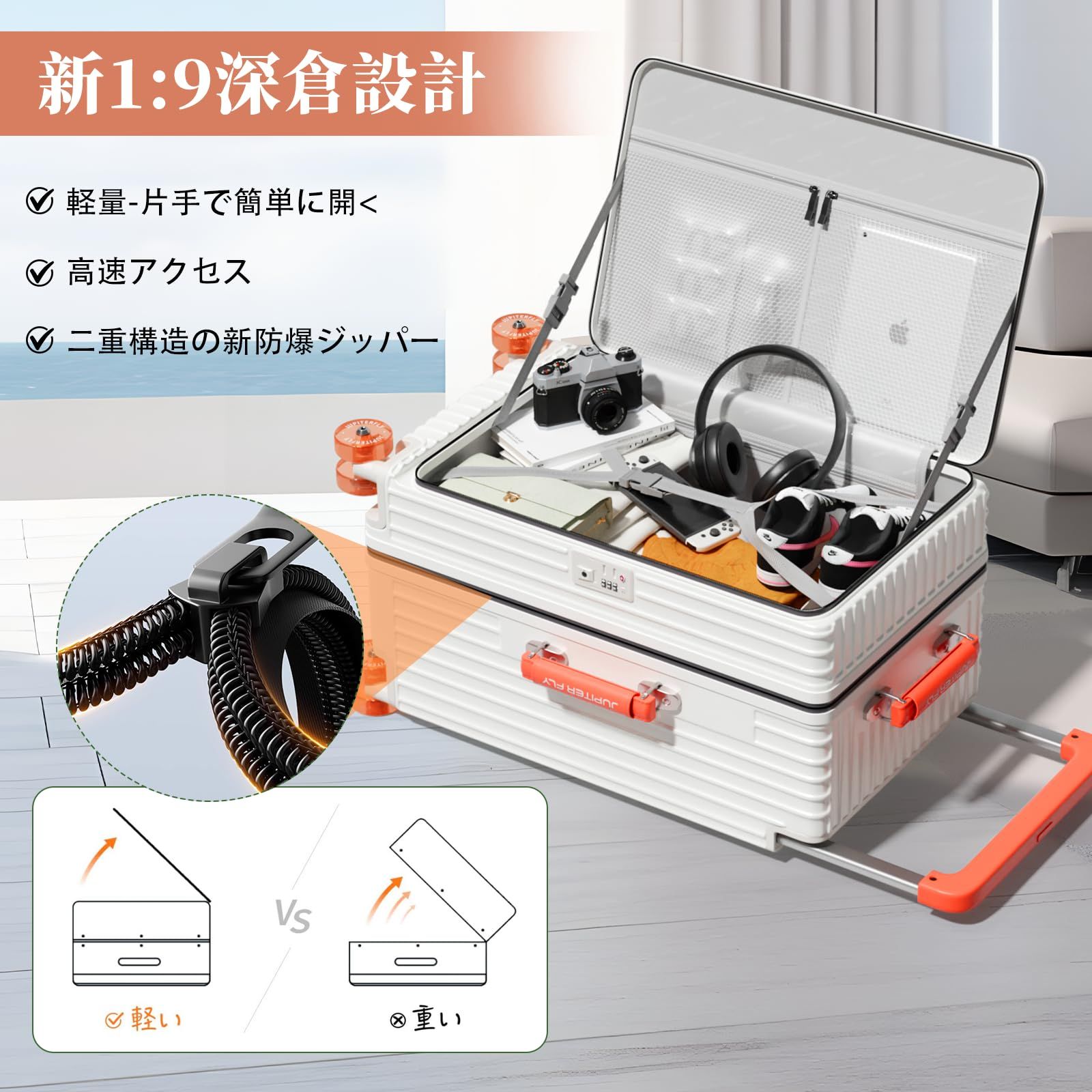  GGQAAA 日本デザイナー設計 スーツケース 片開き 拡張機能付き 大容量 女性 鋳造ホイール 静音キャスタースーツケース White Orange Wheels 24インチ 4 6泊 63 40 29 cm その他 旅行かばん 小分けバッグ