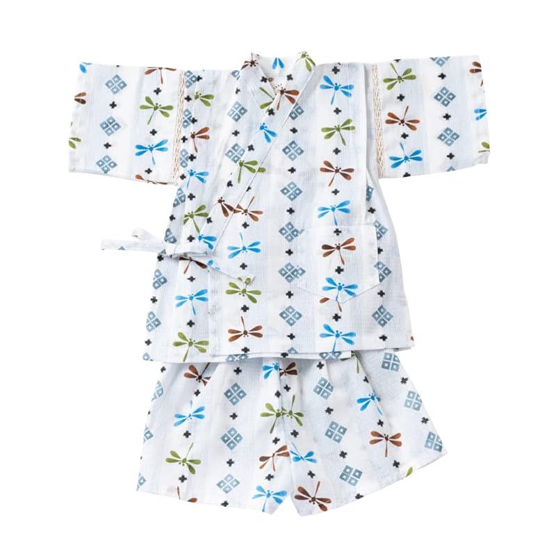 [クリーム デ ココ] 縞 トンボ 柄 綿紅梅 男の子 甚平 綿100% 日本製 80cm 90cm 100cm 110cm (110， ホワイト)