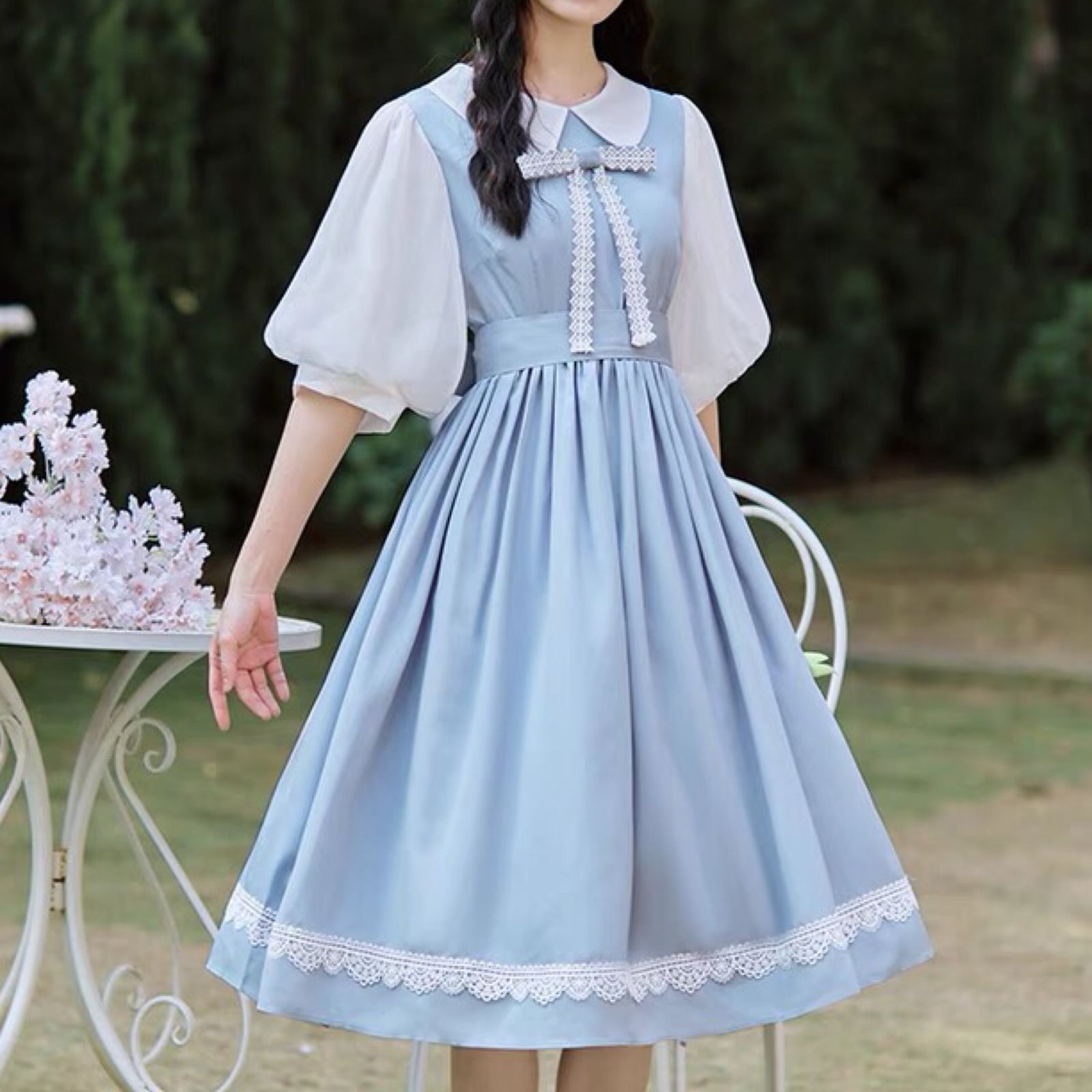 新品】レトロガーリー♡パフスリーブドッキング半袖ワンピース