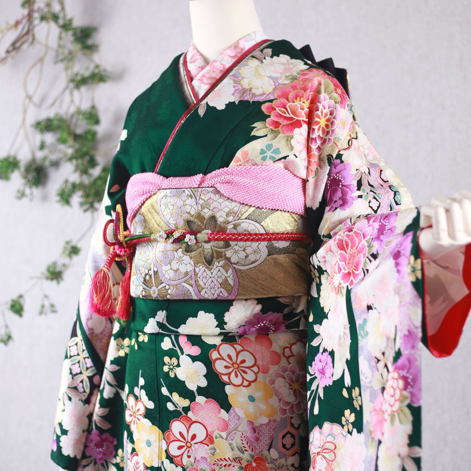4678振袖フルセット成人式結婚式卒業式オレンジ緑正絹