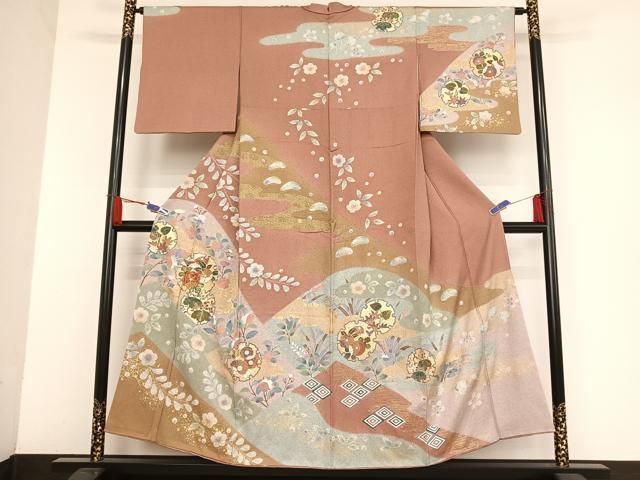 平和屋着物●訪問着 駒刺繍 雪輪草花文 金彩 正絹 AAAU0205np