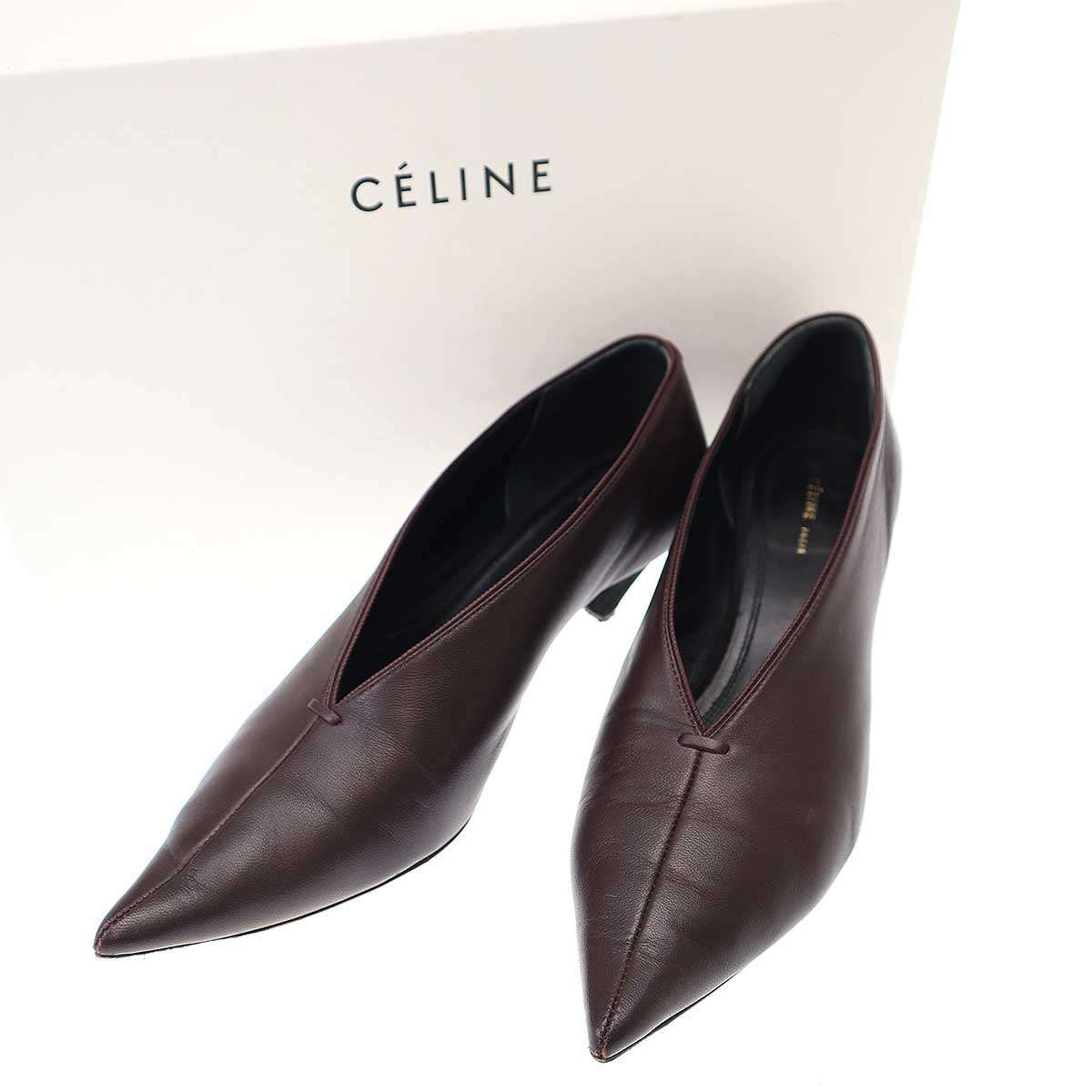 CELINE ブラックレザー ポインテッドトゥシューズ CELINE セリーヌ ポインテッドトゥレザーヒールシューズ