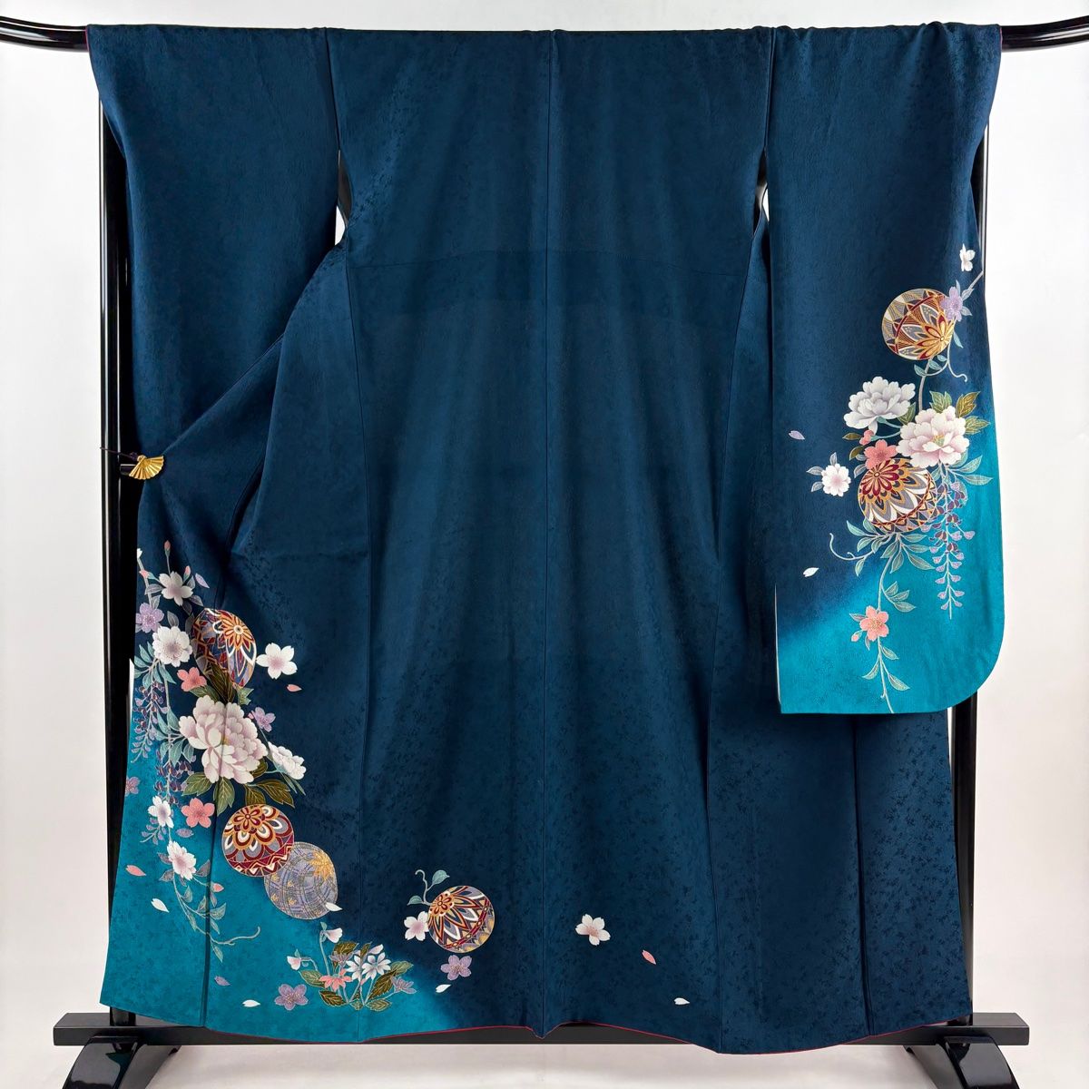 振袖 身丈159cm 裄丈69.5cm L 袷 手鞠 牡丹 金彩 ぼかし 濃紺 正絹 秀品