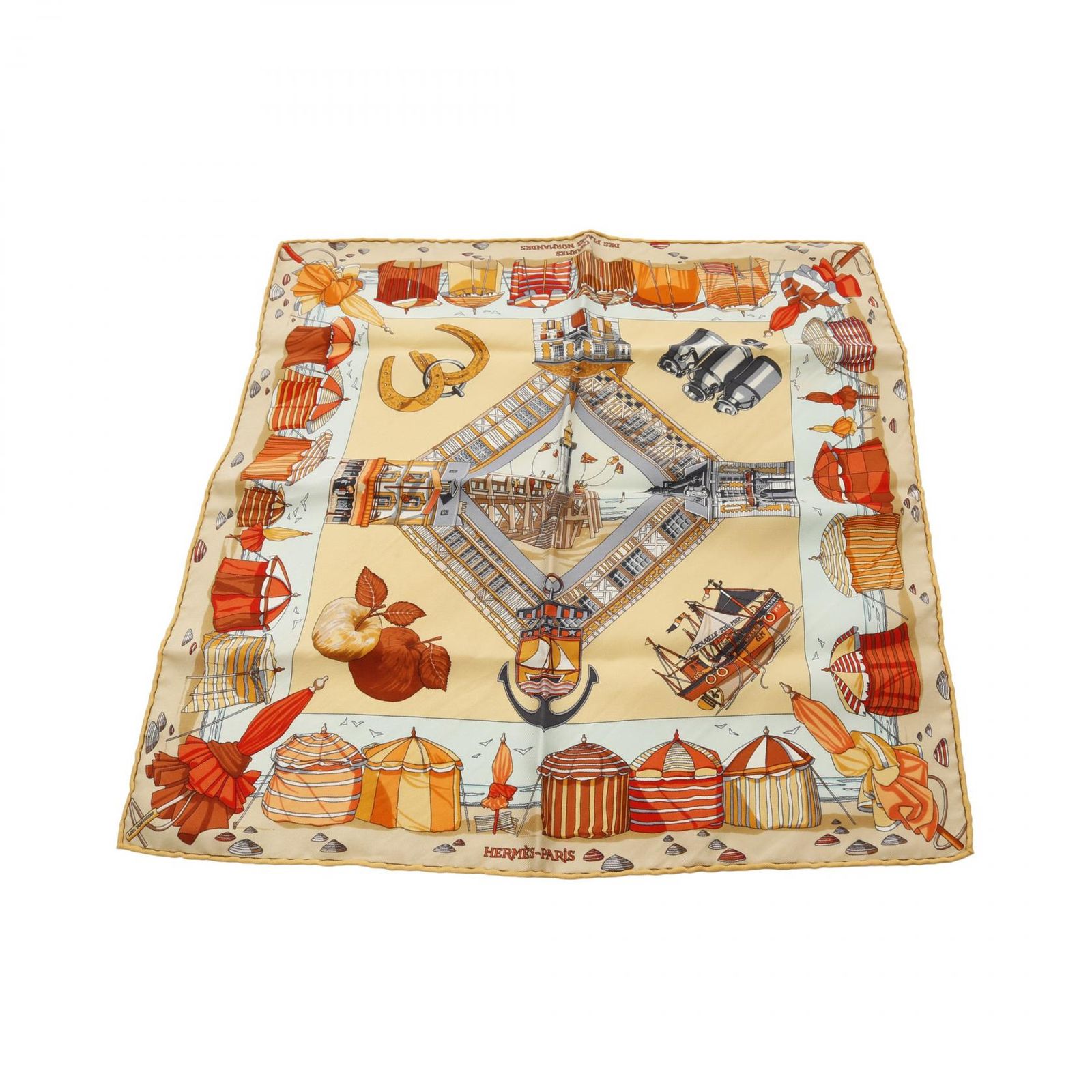 エルメス HERMES スカーフ プチカレ カレ45 CHARMES DES PLAGES NORMANDES ライトオレンジ シルク カレ45 レディース Used B