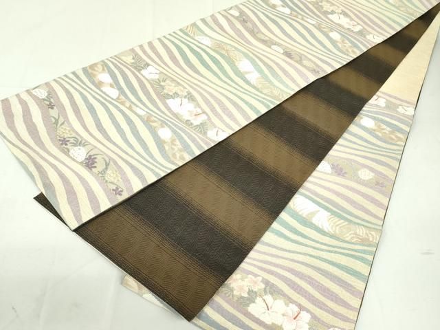 平和屋着物○両面 六通柄袋帯 モール織 よろけ縞花文 金糸